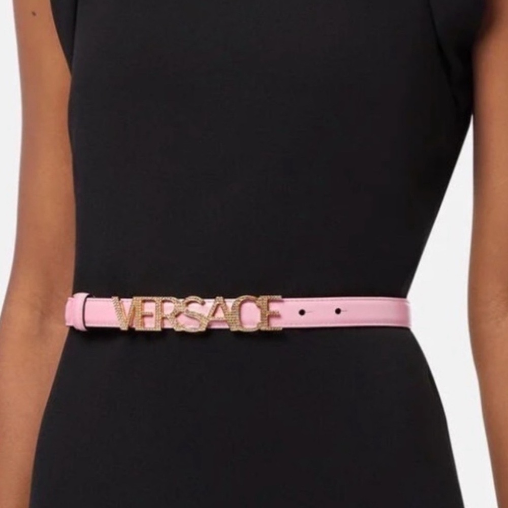 Versace Light Pink Belt with Embellished Crystal and Gold Logo Emblem, Size 80 S